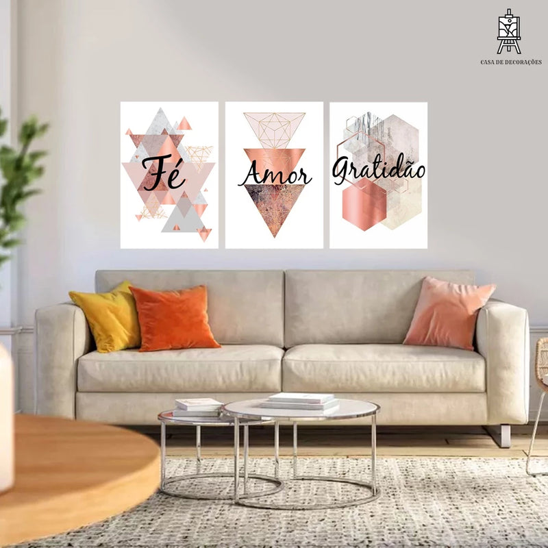 Quadros Decorativos: Fé, Amor e Gratidão - 3 Peças