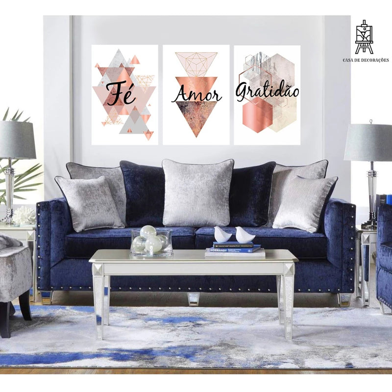 Quadros Decorativos: Fé, Amor e Gratidão - 3 Peças