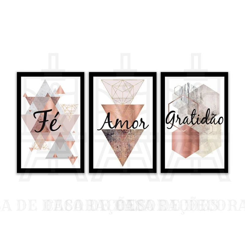 Quadros Decorativos: Fé, Amor e Gratidão - 3 Peças