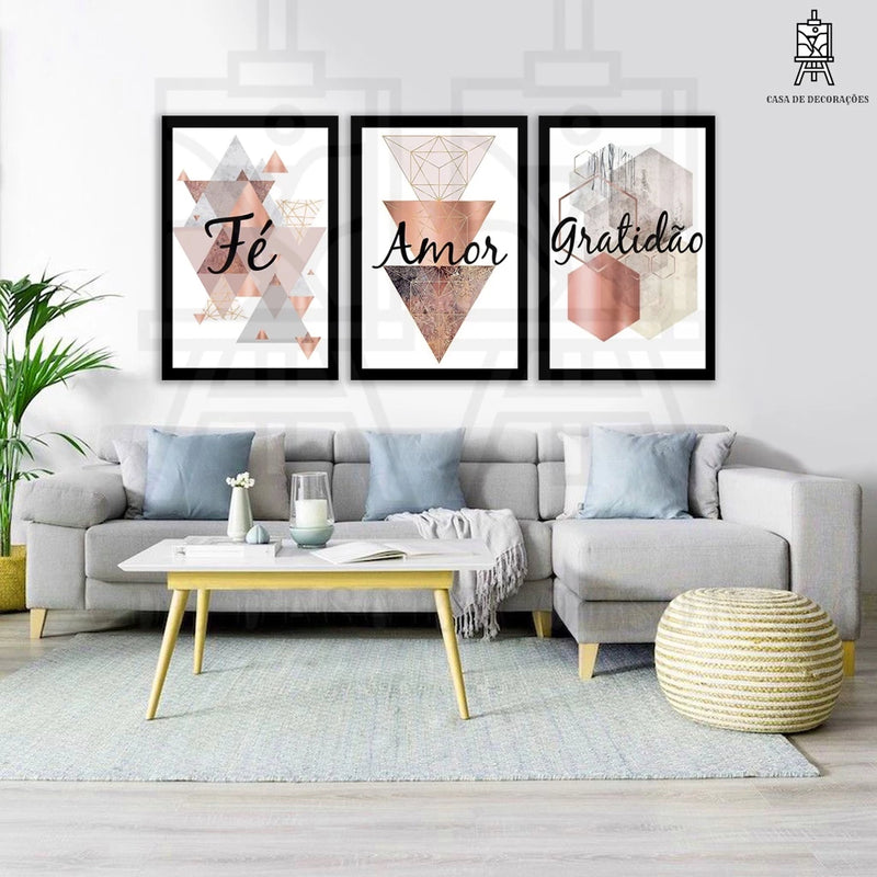 Quadros Decorativos: Fé, Amor e Gratidão - 3 Peças