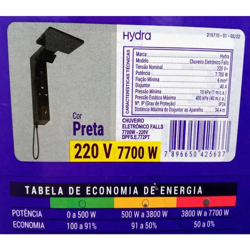 Chuveiro Eletronico Falls Preto 7700w - 220v - Hydra