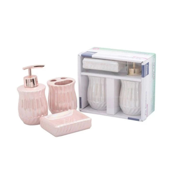 Kit Banheiro de Porcelana Perolada - Kit 3 Peças (Azul, Rosa e Branco)