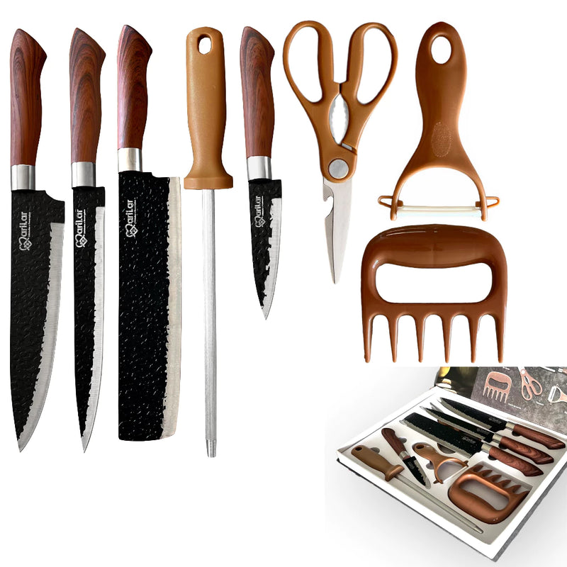 Kit Jogo Facas 8 peças Inox Churrasco Cozinha com Garra e Amolador