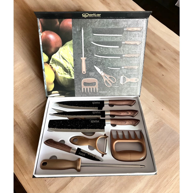 Kit Jogo Facas 8 peças Inox Churrasco Cozinha com Garra e Amolador