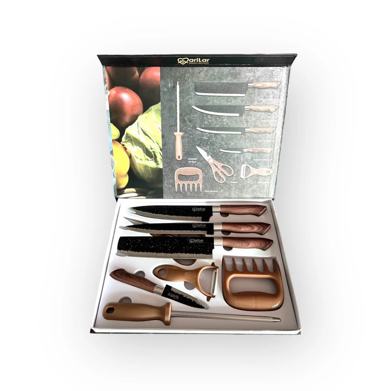 Kit Jogo Facas 8 peças Inox Churrasco Cozinha com Garra e Amolador